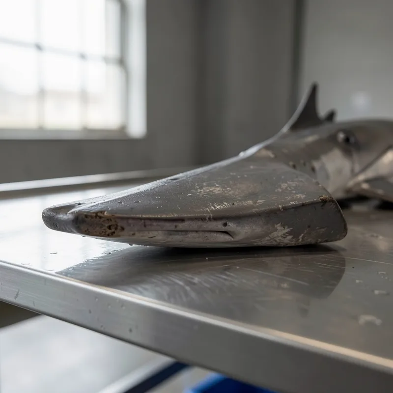 Rostre aplati d&rsquo;un espadon posé sur une table de criée en inox humide