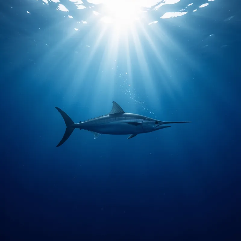 Silhouette d&rsquo;un grand poisson pélagique dans une eau bleu profond traversée de rayons de lumière