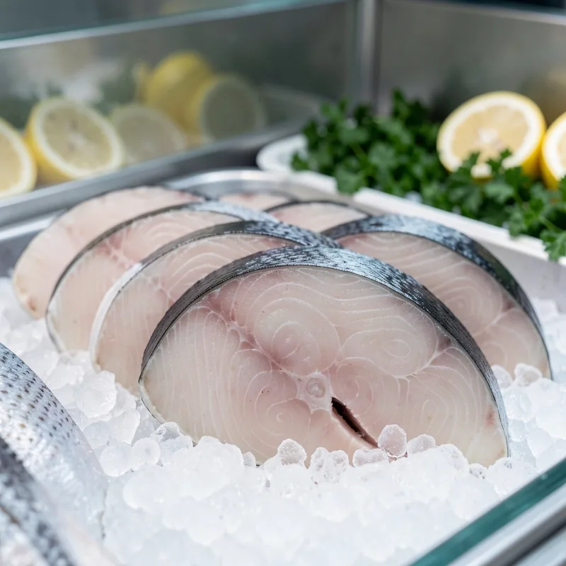 Étal de poissonnerie avec darnes de poisson blanc ferme posées sur glace pilée