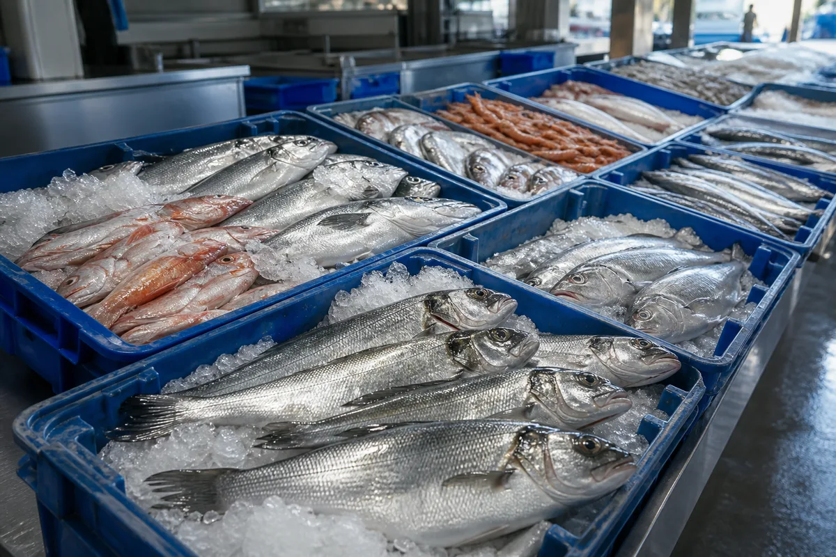 Caisses de poisson sur glace alignées dans une halle à marée au petit matin