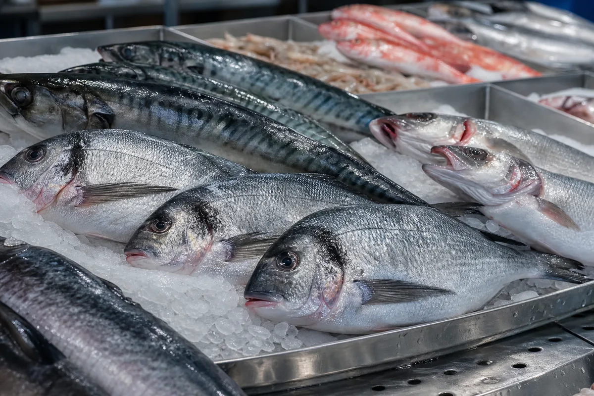 Poissons entiers disposés sur glace pilée dans des bacs drainants en inox