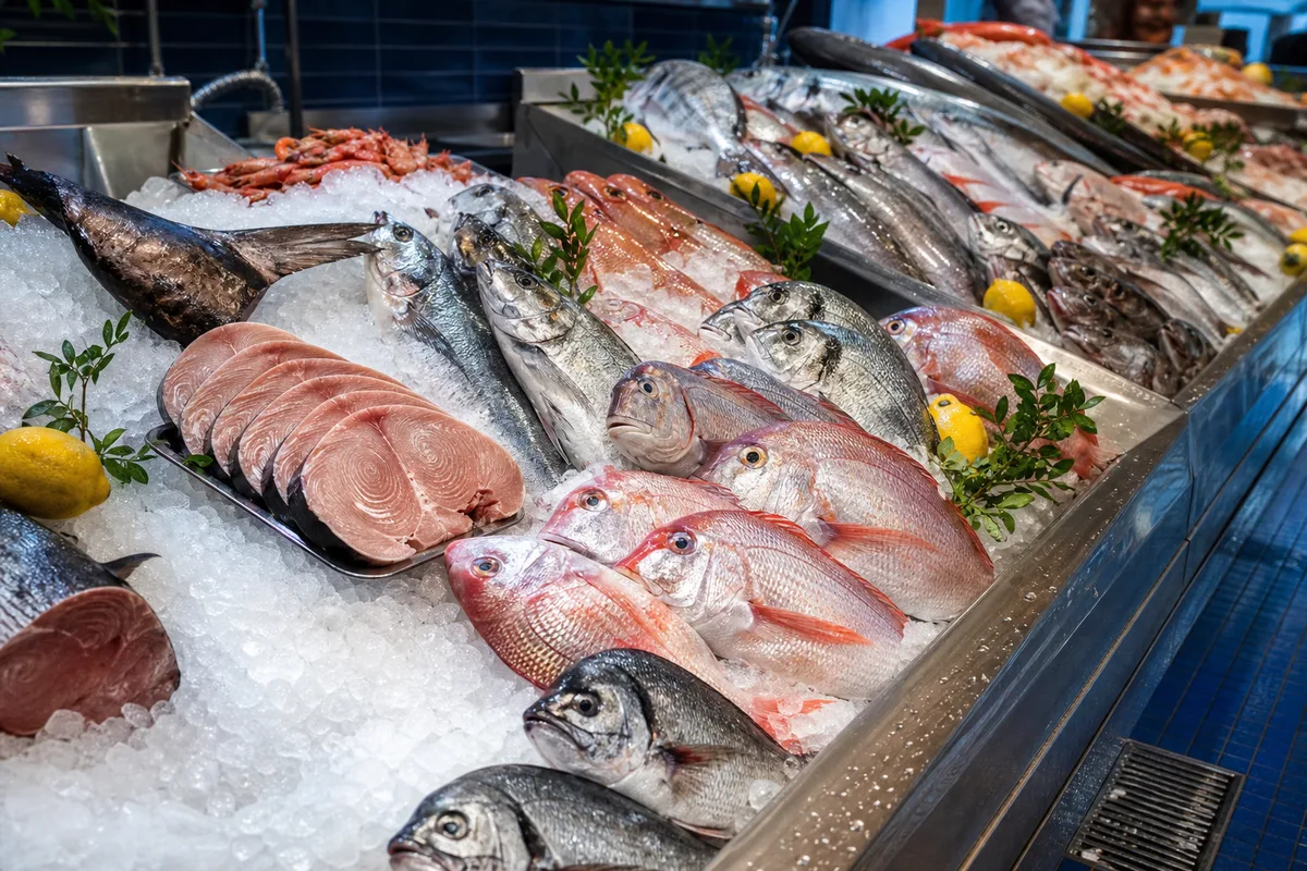 Poissons entiers présentés sur un lit de glace pilée à l'étal d'une halle