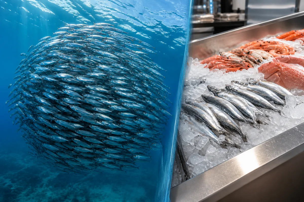 Banc de sardines compacté en boule dans l’eau claire de haute mer