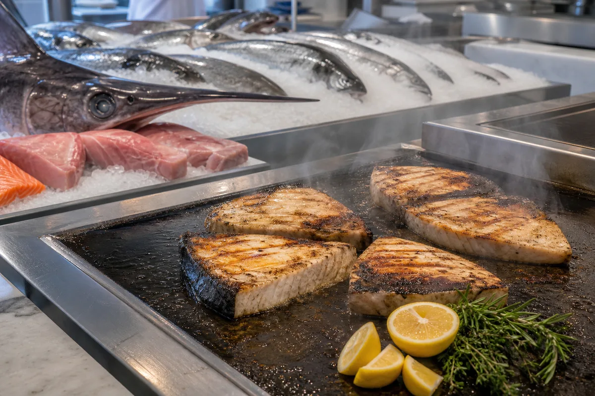 Pavés d&rsquo;espadon marqués sur une plancha brûlante avec citron et herbes