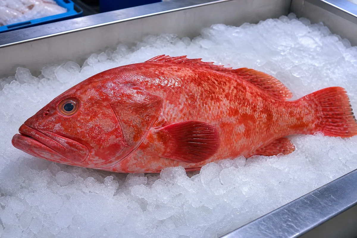 Mérou rouge entier à la peau tachetée présenté sur un lit de glace