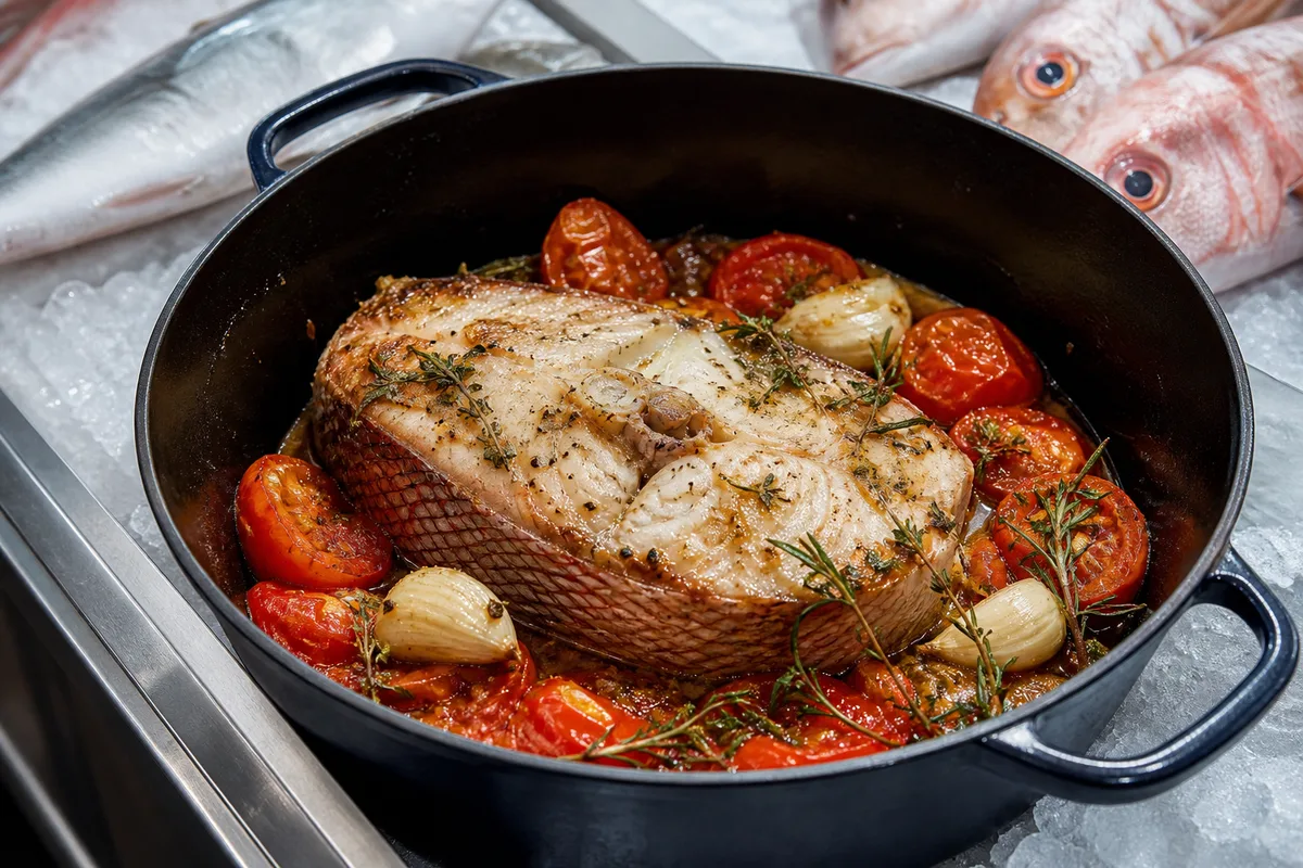 Tronçon de mérou braisé dans une cocotte avec tomates, ail et herbes