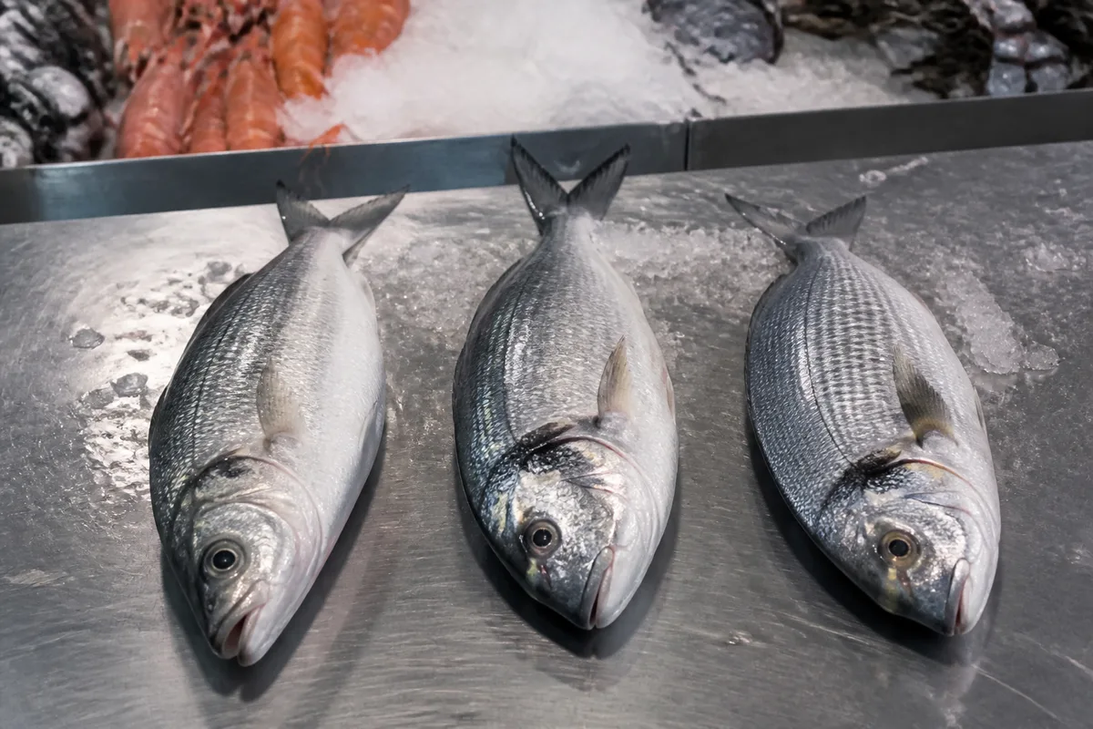 Comparaison de trois poissons méditerranéens argentés alignés sur un plan de travail en inox