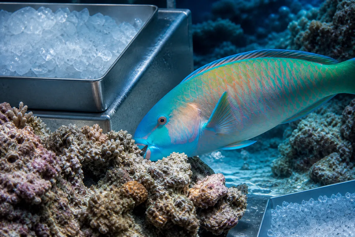 Poisson-perroquet aux couleurs vives broutant sur un massif corallien