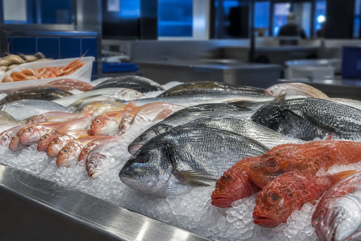 Étal de poissons méditerranéens sur glace pilée sous une halle de marché